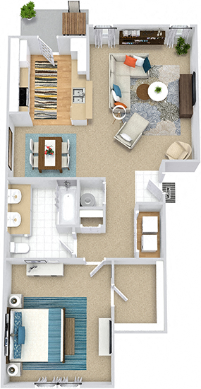 Floor plan for 1 bed, 1 bath, 839 sqft